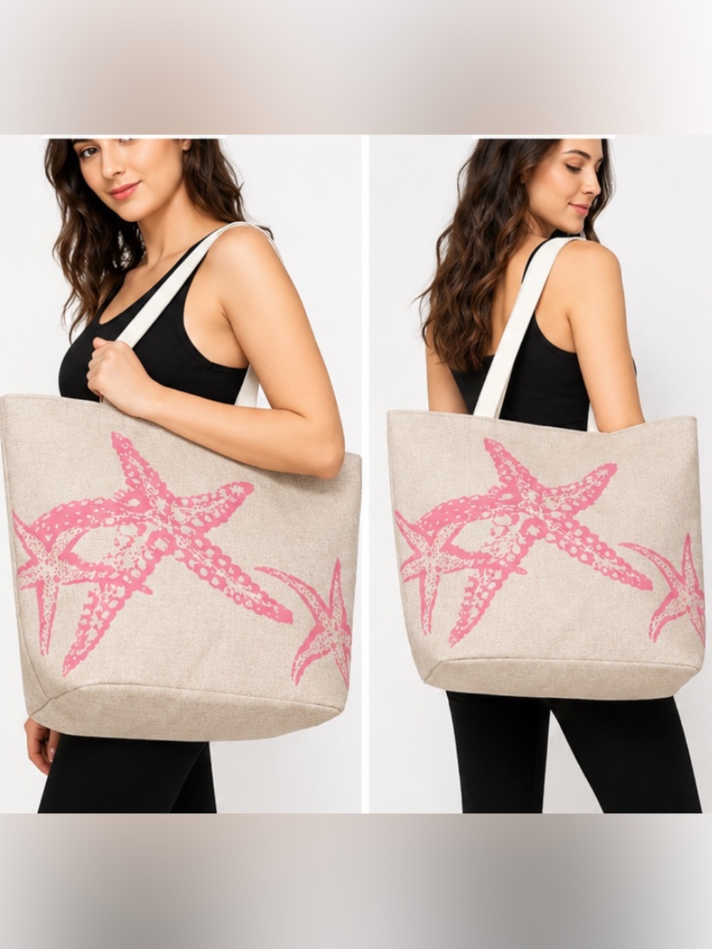 Beach-Ready Canvas Tote with Pink Starfish Print